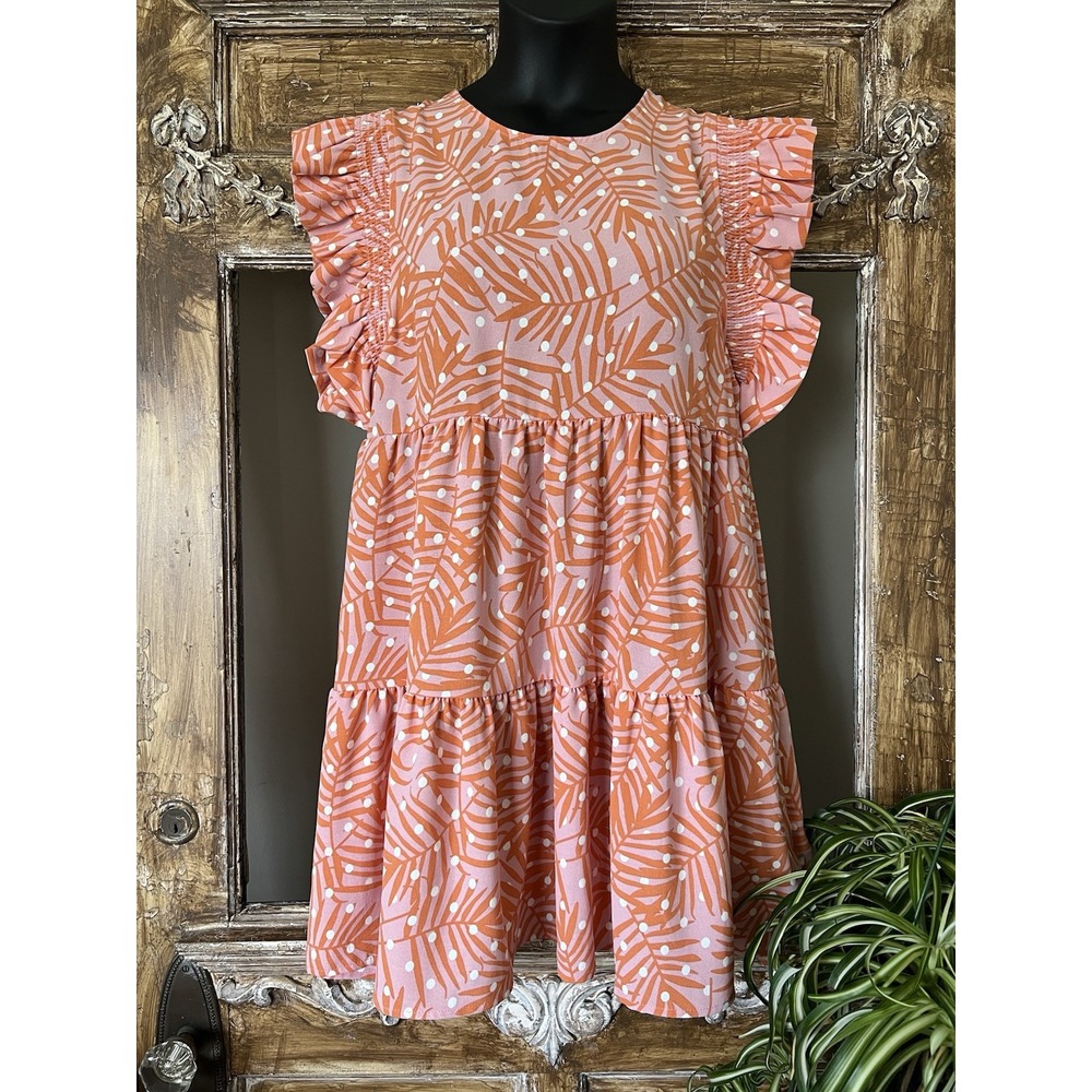 Michelle McDowell Pink Palm Ruffle Sleeve Dress Large‎